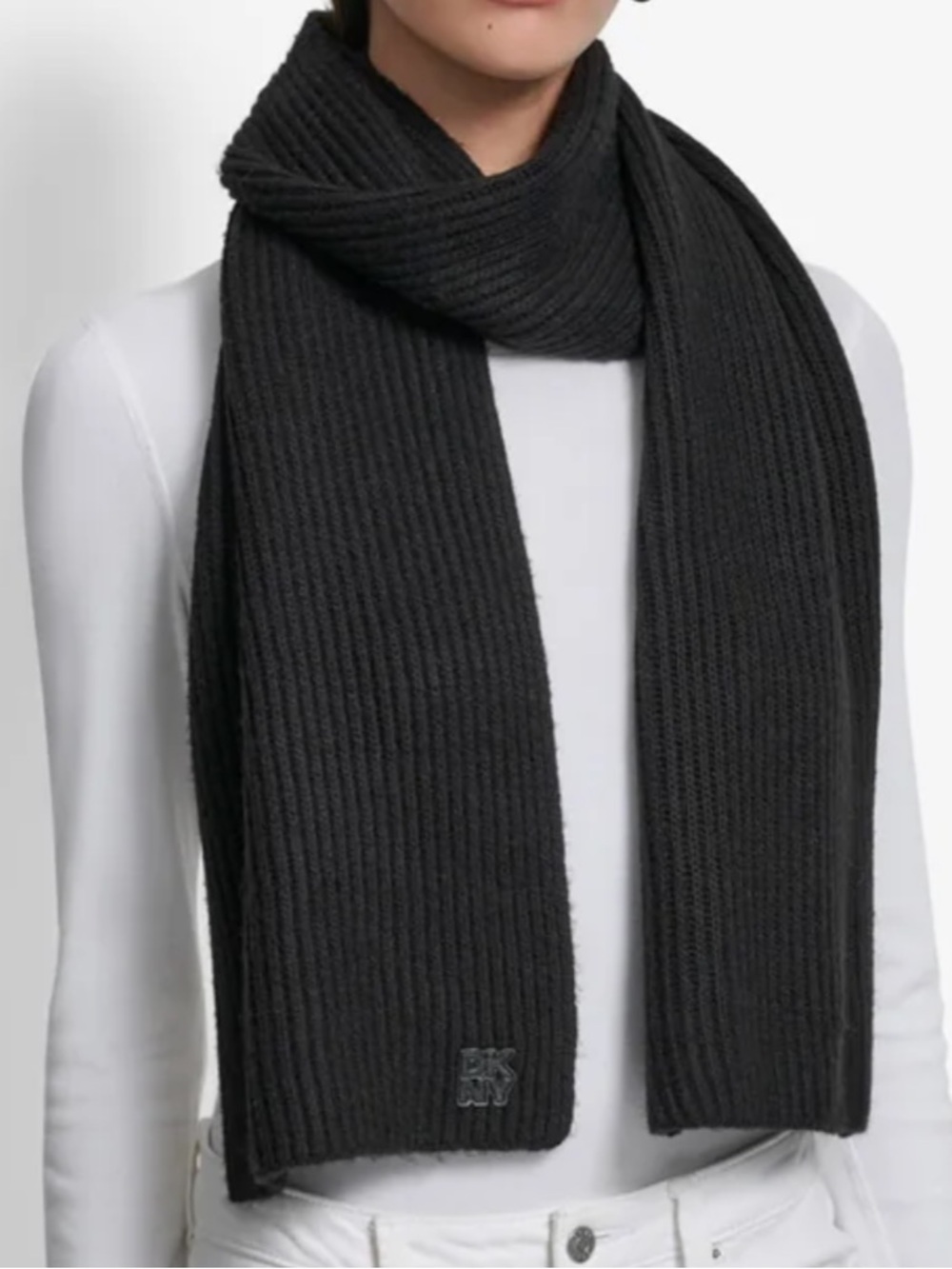 DKNY Black Shaker Stitch Ribbed Knit Logo Scarf NEW!